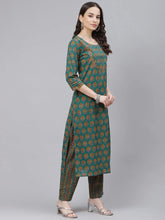Women Teal Green Mustard Yellow Printed Cotton Kurta With Trousers Dupatta